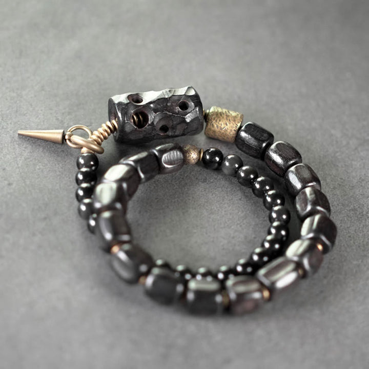 Buddha Stones Ebbenhout, zwarte obsidiaan, koper, messing, Armband met dubbele wikkeling - image 7