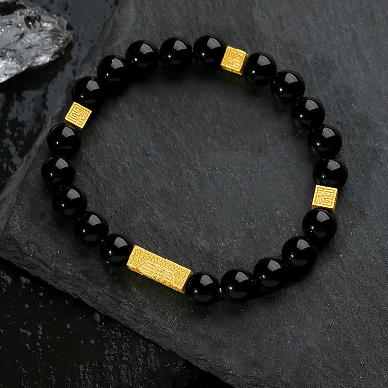 Buddha Stones Armband met zwarte obsidiaan, 925 sterling zilver en Fu-teken, kubus en krachtfunctie. - Zwarte obsidiaan goudkleurig (Polsomtrek: 17-19 cm) - image 0