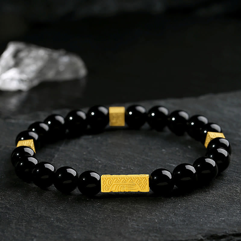 Buddha Stones Armband met zwarte obsidiaan, 925 sterling zilver en Fu-teken, kubus en krachtfunctie. - image 1