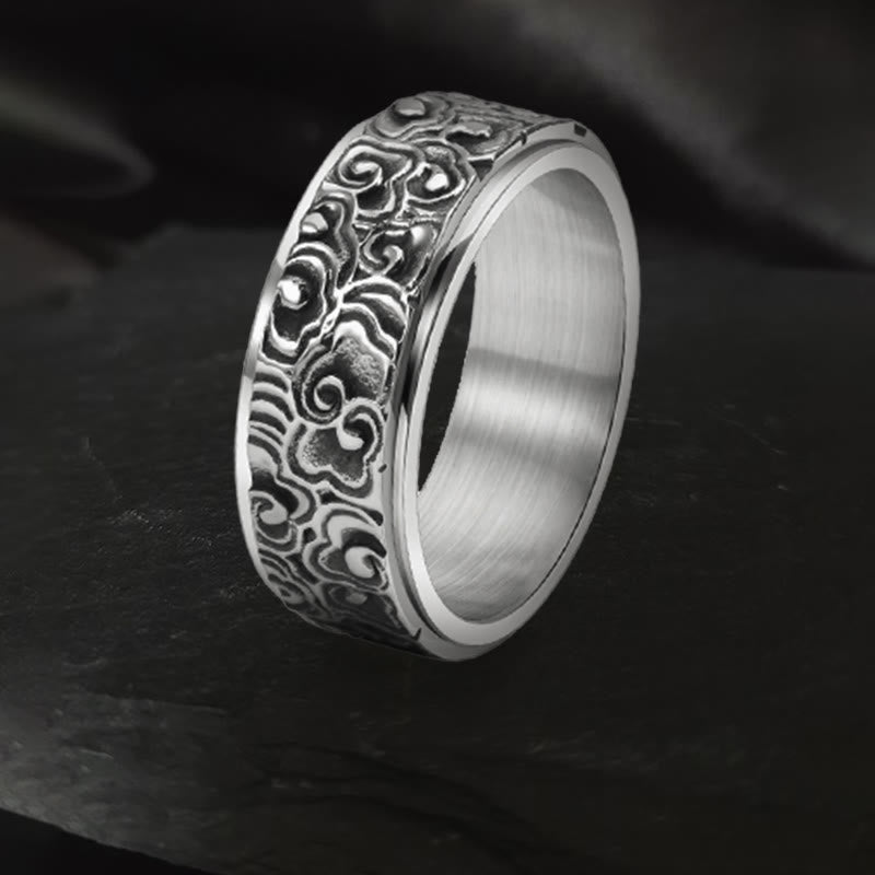 Buddha Stones Draaibare Ring van titaniumstaal met een patroon van gelukbrengende wolken. - Zilver - VS13 - image 0