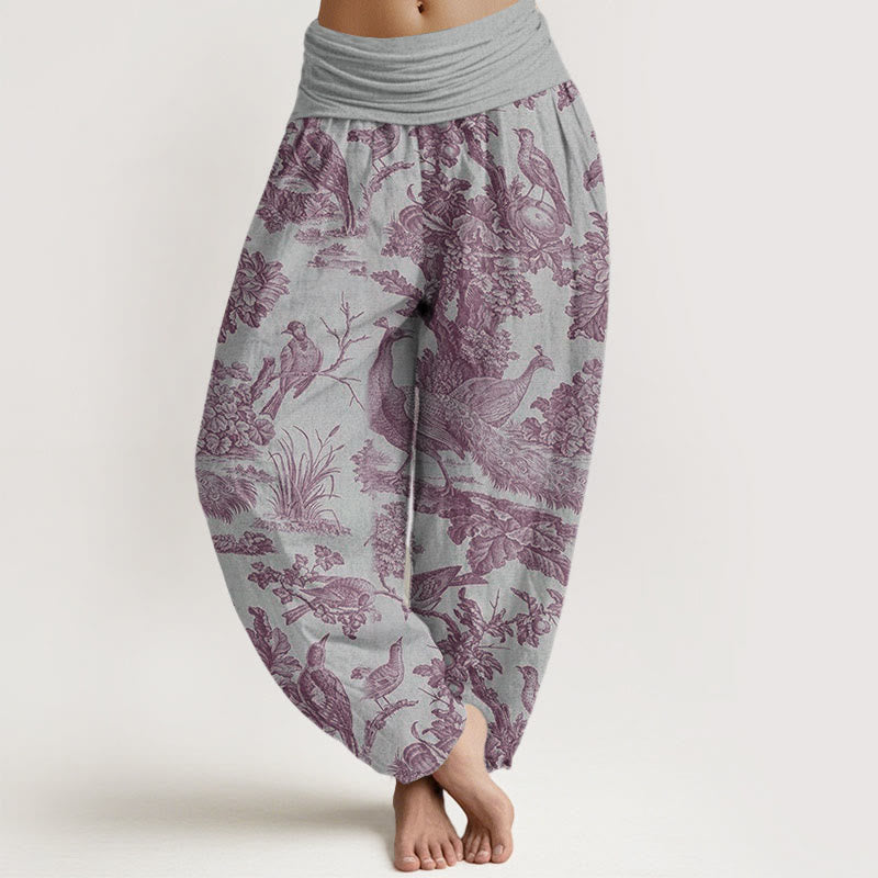 Buddha Stones Dames harembroek met elastische Taille en print van katoenen vogels, bomen en takken. - Lichtgrijs - US22, UK/AU26, EU54 (6XL) - image 5