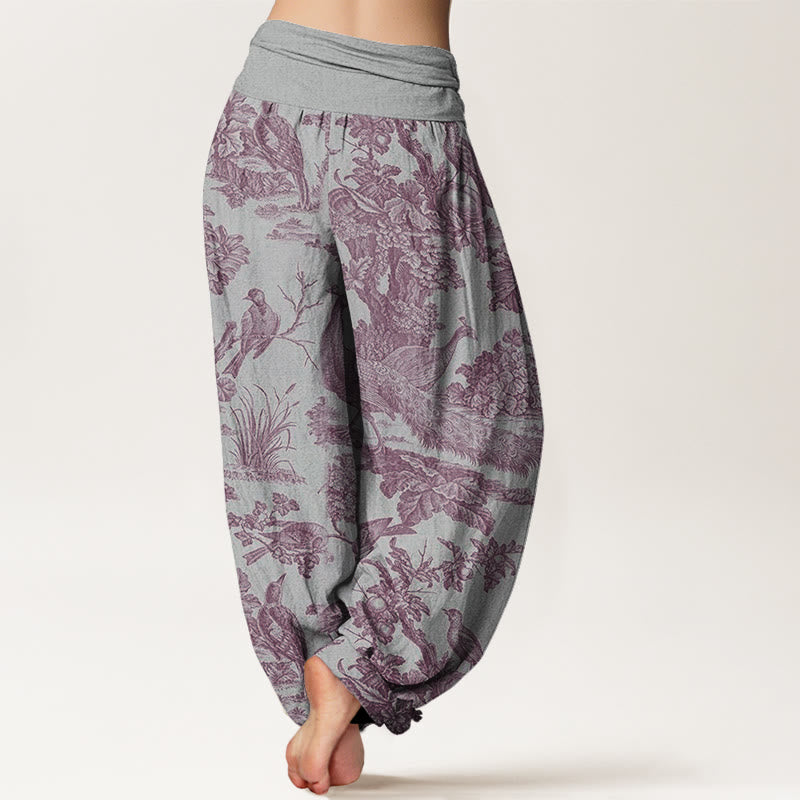 Buddha Stones Dames harembroek met elastische Taille en print van katoenen vogels, bomen en takken. - image 6