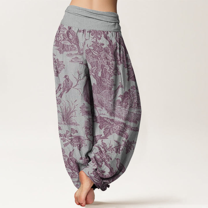 Buddha Stones Dames harembroek met elastische Taille en print van katoenen vogels, bomen en takken. - image 6