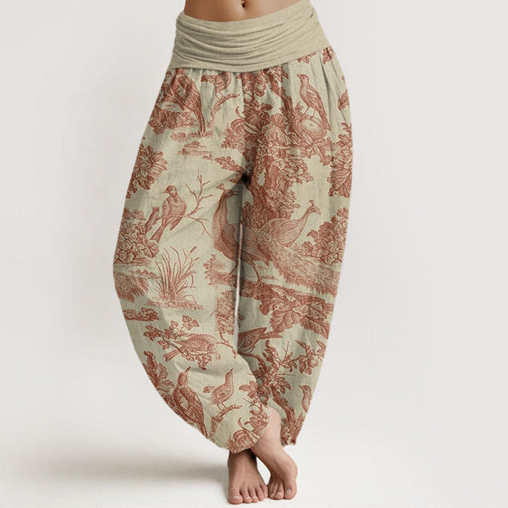 Buddha Stones Dames harembroek met elastische Taille en print van katoenen vogels, bomen en takken. - Lichtgoudenroede - US22, UK/AU26, EU54 (6XL) - image 0