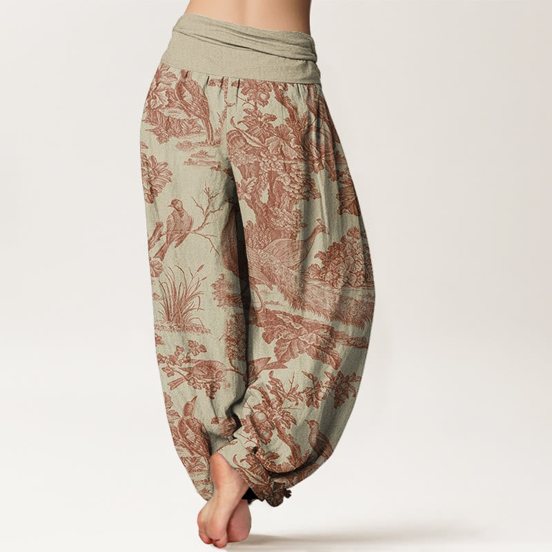 Buddha Stones Dames harembroek met elastische Taille en print van katoenen vogels, bomen en takken. - image 1