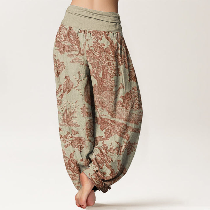 Buddha Stones Dames harembroek met elastische Taille en print van katoenen vogels, bomen en takken. - image 1