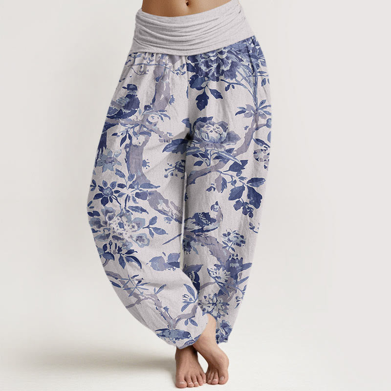 Buddha Stones Dames harembroek met elastische Taille en print van katoenen vogels, takken en bloemen - Gainsboro - US22, UK/AU26, EU54 (6XL) - image 5