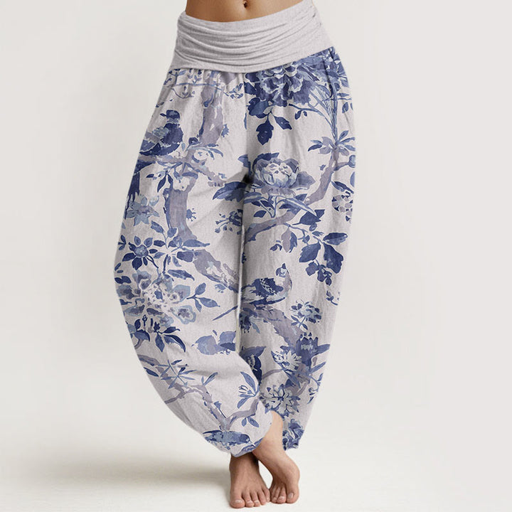 Buddha Stones Dames harembroek met elastische Taille en print van katoenen vogels, takken en bloemen - Gainsboro - US22, UK/AU26, EU54 (6XL) - image 5