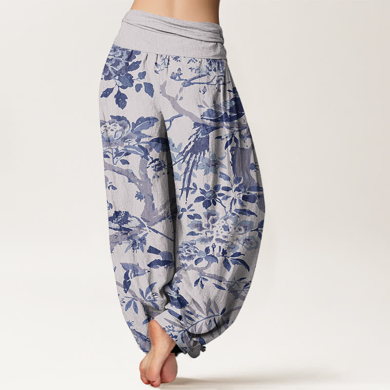 Buddha Stones Dames harembroek met elastische Taille en print van katoenen vogels, takken en bloemen - image 6