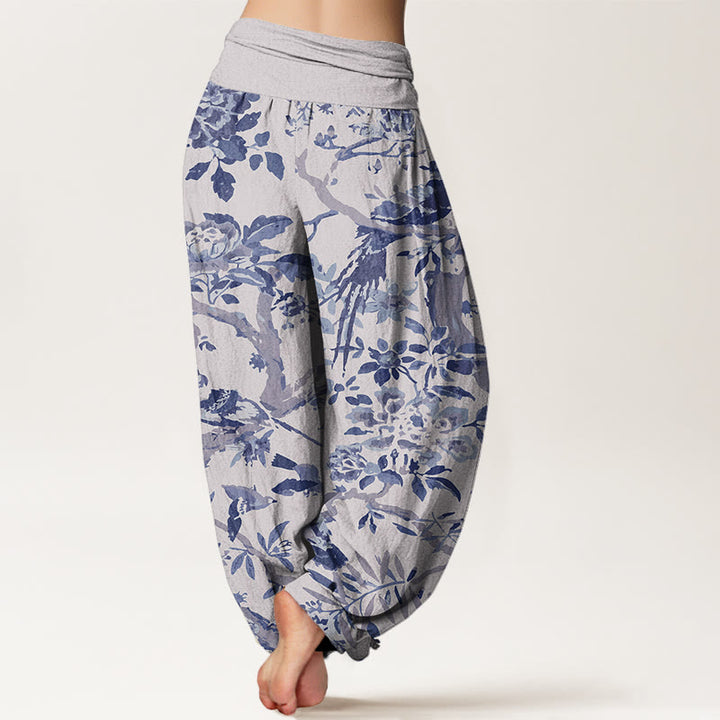 Buddha Stones Dames harembroek met elastische Taille en print van katoenen vogels, takken en bloemen - image 6
