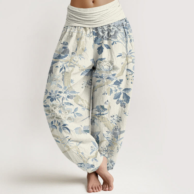 Buddha Stones Dames harembroek met elastische Taille en print van katoenen vogels, takken en bloemen - Beige - US22, UK/AU26, EU54 (6XL) - image 0