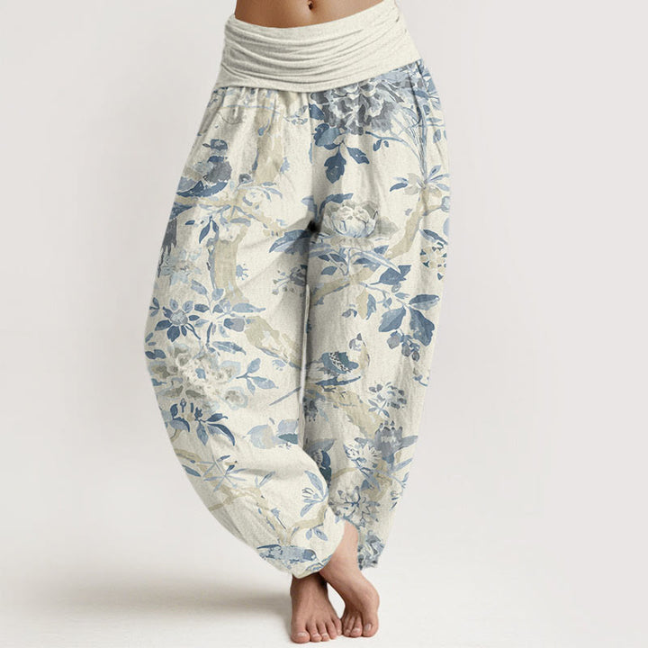 Buddha Stones Dames harembroek met elastische Taille en print van katoenen vogels, takken en bloemen - Beige - US22, UK/AU26, EU54 (6XL) - image 0