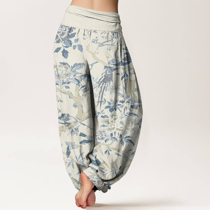 Buddha Stones Dames harembroek met elastische Taille en print van katoenen vogels, takken en bloemen - image 1