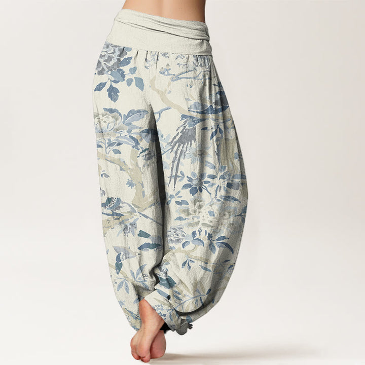 Buddha Stones Dames harembroek met elastische Taille en print van katoenen vogels, takken en bloemen - image 1
