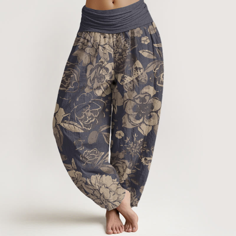 Buddha Stones Katoenen casual harembroek met pioenrozenprint en elastische Taille voor dames - Donker leisteenblauw - US22, UK/AU26, EU54 (6XL) - image 0