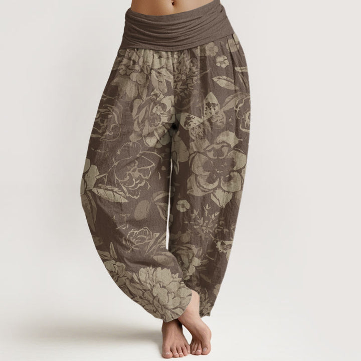 Buddha Stones Katoenen casual harembroek met pioenrozenprint en elastische Taille voor dames - Bruinen - US22, UK/AU26, EU54 (6XL) - image 4
