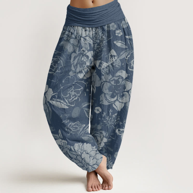 Buddha Stones Katoenen casual harembroek met pioenrozenprint en elastische Taille voor dames - Hemelsblauw - US22, UK/AU26, EU54 (6XL) - image 7