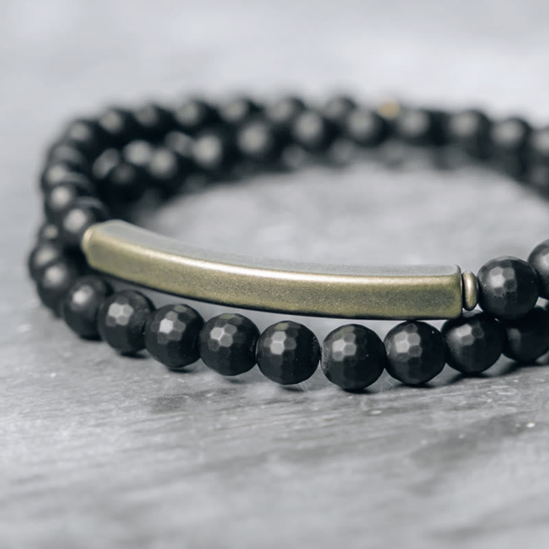 Buddha Stones Mat geslepen oppervlak, zwarte onyx, koper, messing, dubbele Armband - image 1