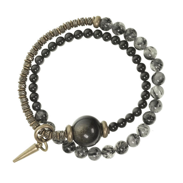 Buddha Stones Gouden Obsidiaan Zwarte Rutielkwarts Koper Messing Dubbele Wikkel Armband - image 9