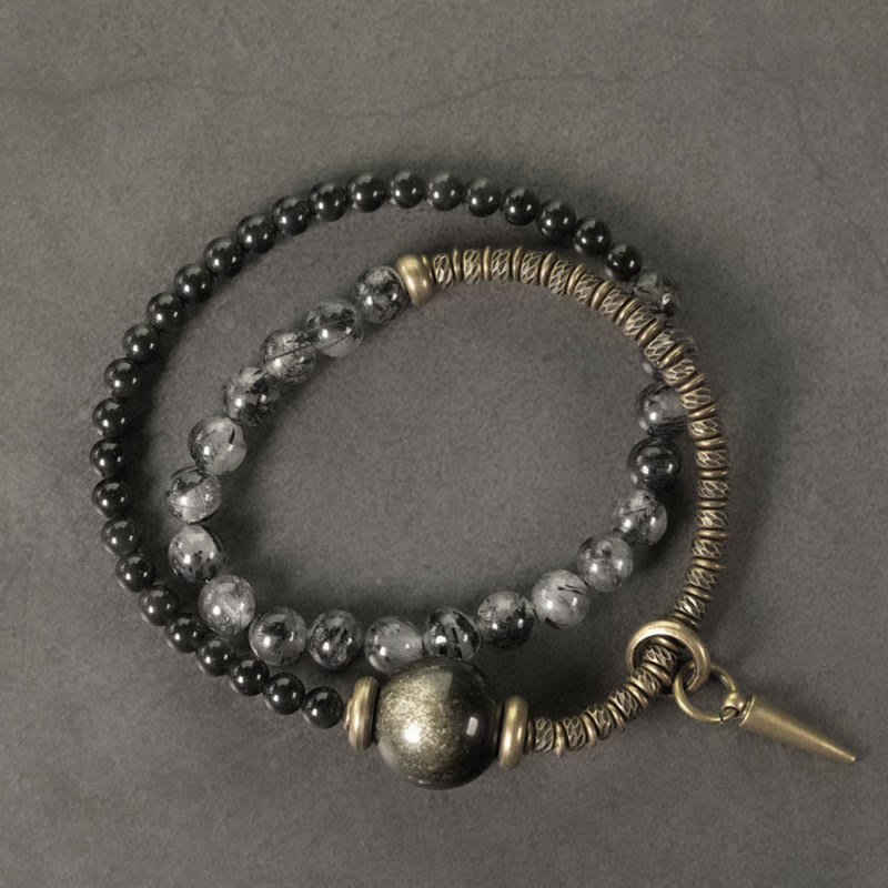 Buddha Stones Gouden Obsidiaan Zwarte Rutielkwarts Koper Messing Dubbele Wikkel Armband - image 1