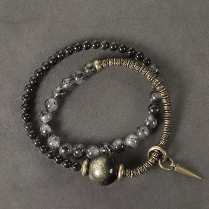 Buddha Stones Gouden Obsidiaan Zwarte Rutielkwarts Koper Messing Dubbele Wikkel Armband - image 1