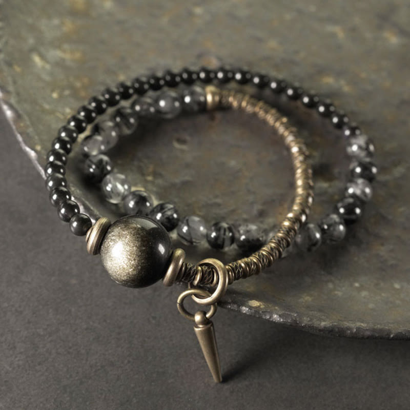 Buddha Stones Gouden Obsidiaan Zwarte Rutielkwarts Koper Messing Dubbele Wikkel Armband - Goudkleurige obsidiaan, zwarte rutielkwarts, messing (Polsomtrek: 17-17,5 cm) - image 0