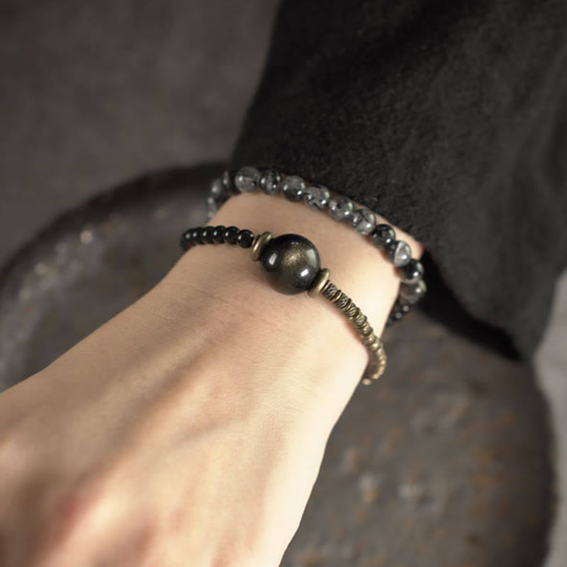 Buddha Stones Gouden Obsidiaan Zwarte Rutielkwarts Koper Messing Dubbele Wikkel Armband - image 10