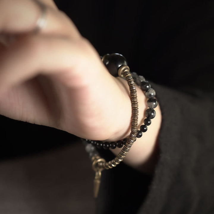 Buddha Stones Gouden Obsidiaan Zwarte Rutielkwarts Koper Messing Dubbele Wikkel Armband - image 4