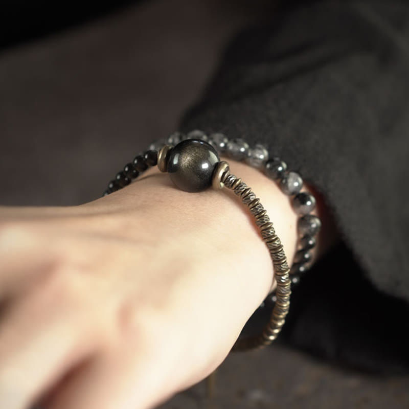 Buddha Stones Gouden Obsidiaan Zwarte Rutielkwarts Koper Messing Dubbele Wikkel Armband - image 3