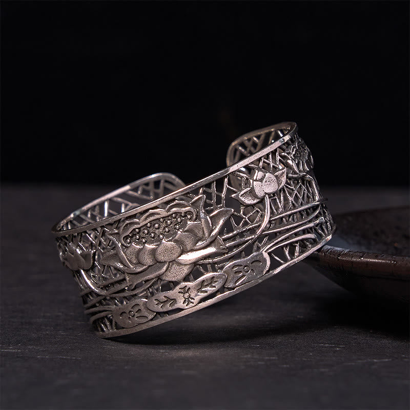 Buddha Stones Holle lotus zilveren koperen Bangle-armband voor helende en verlichtende doeleinden - Verzilverd koper (Polsomtrek: 14-17 cm) - image 0