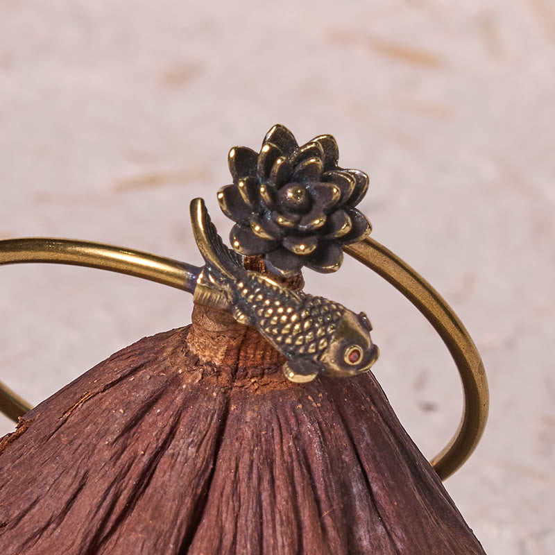 Buddha Stones Lotusbloem Koi Vis Koper Messing Verlichting Geluk Bangle-armband - image 2
