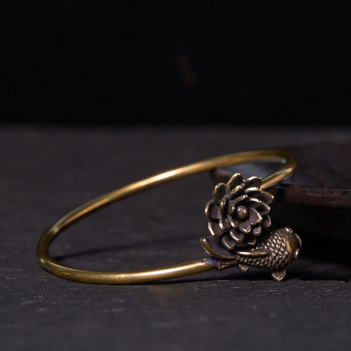 Buddha Stones Lotusbloem Koi Vis Koper Messing Verlichting Geluk Bangle-armband - image 1