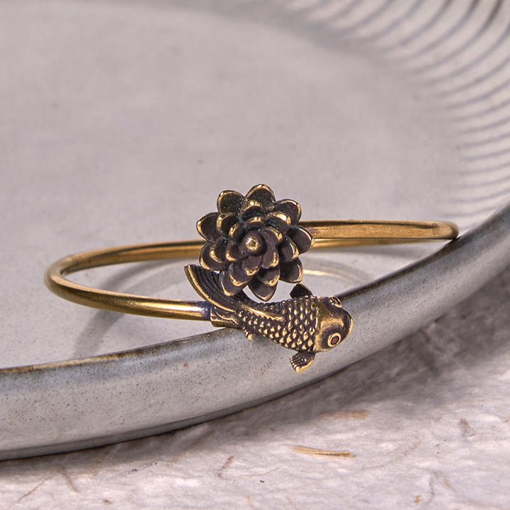 Buddha Stones Lotusbloem Koi Vis Koper Messing Verlichting Geluk Bangle-armband - image 3