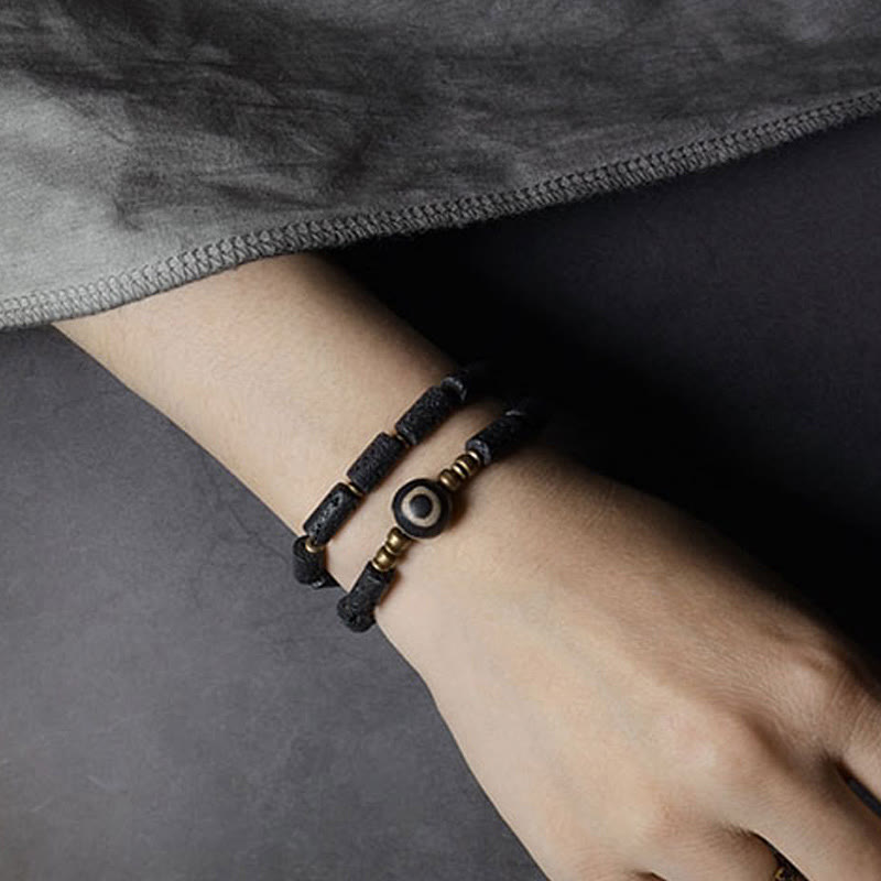 Buddha Stones Vintage lavasteen drieoogige Dzi-kraal koperen messing multi-turn Armband - image 4