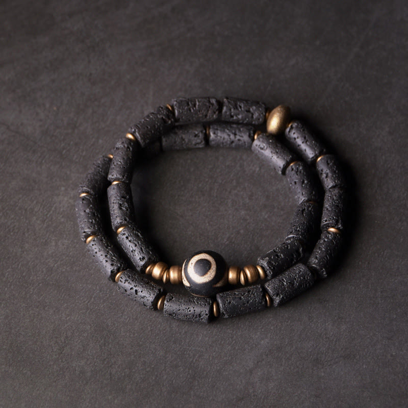 Buddha Stones Vintage lavasteen drieoogige Dzi-kraal koperen messing multi-turn Armband - Lavasteen Drieogige Dzi-kraal van messing (Polsomtrek: 17-17,6 cm) - image 0