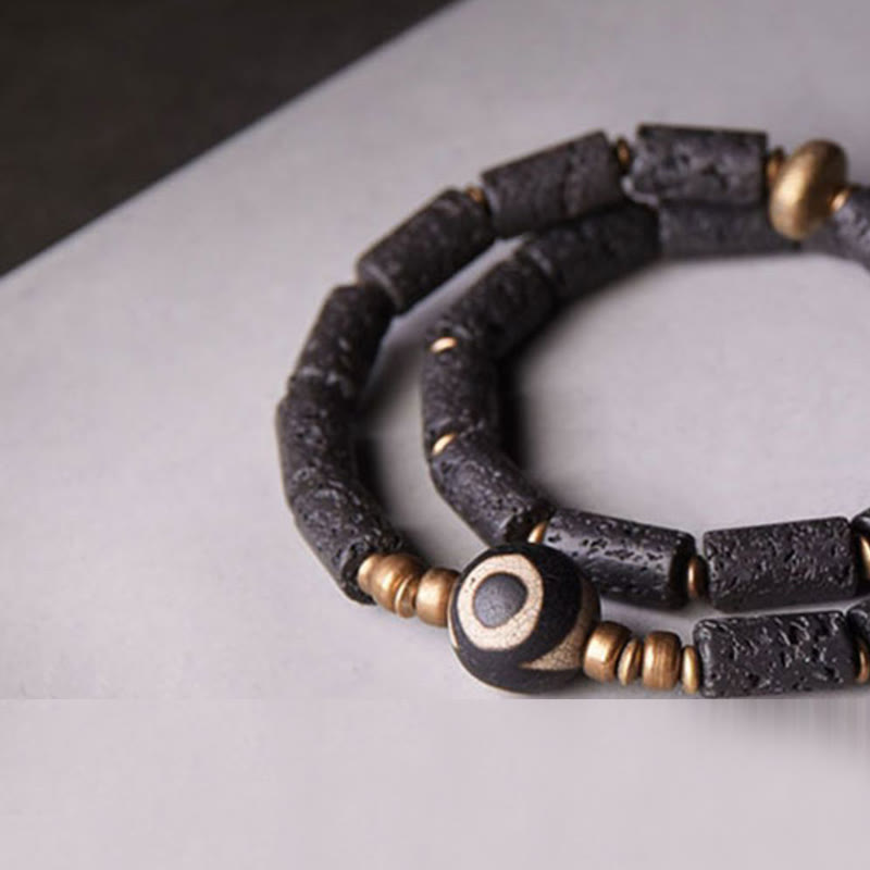 Buddha Stones Vintage lavasteen drieoogige Dzi-kraal koperen messing multi-turn Armband - image 2