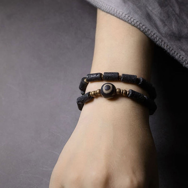 Buddha Stones Vintage lavasteen drieoogige Dzi-kraal koperen messing multi-turn Armband - image 9