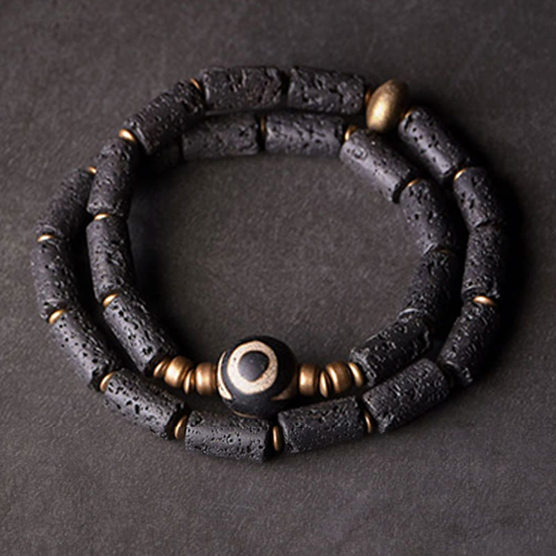 Buddha Stones Vintage lavasteen drieoogige Dzi-kraal koperen messing multi-turn Armband - image 8