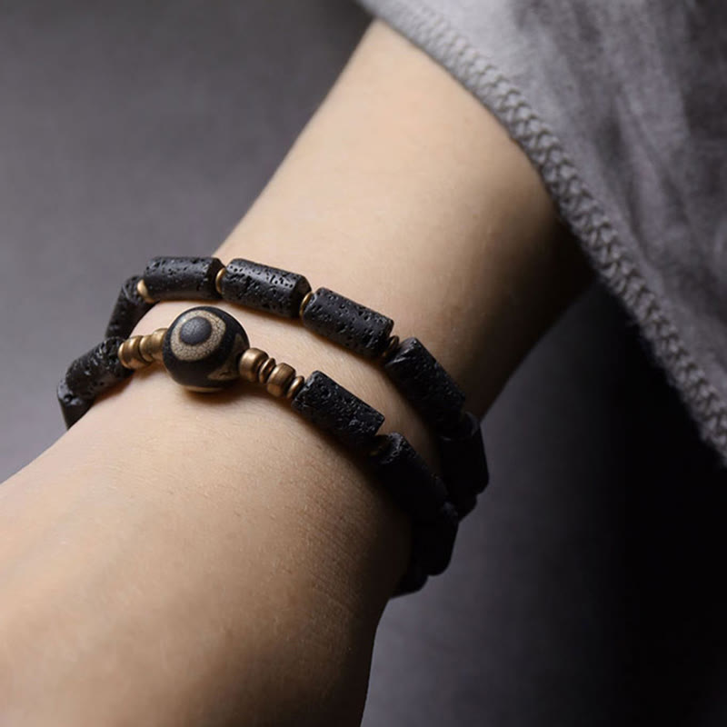 Buddha Stones Vintage lavasteen drieoogige Dzi-kraal koperen messing multi-turn Armband - image 3