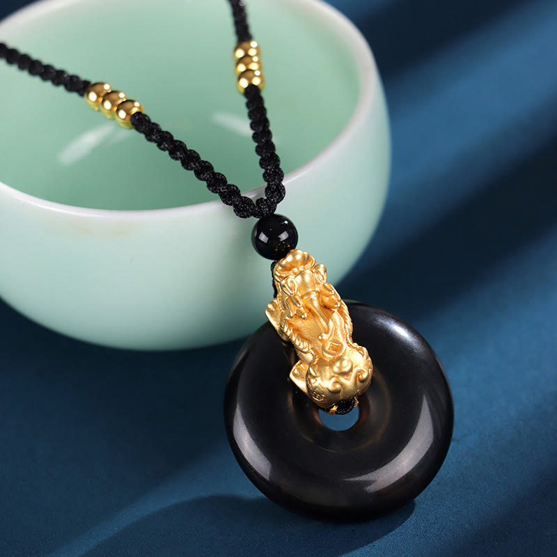 Buddha Stones Zwarte onyx, witte agaat, vredesgesp, 999 sterling zilver, gouden PiXiu Ketting - Zwarte onyx 999 sterling zilveren gouden PiXiu (Lengte: ongeveer 36 cm) - image 1