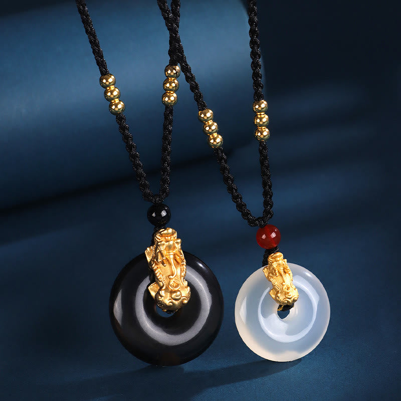 Buddha Stones Zwarte onyx, witte agaat, vredesgesp, 999 sterling zilver, gouden PiXiu Ketting - image 0