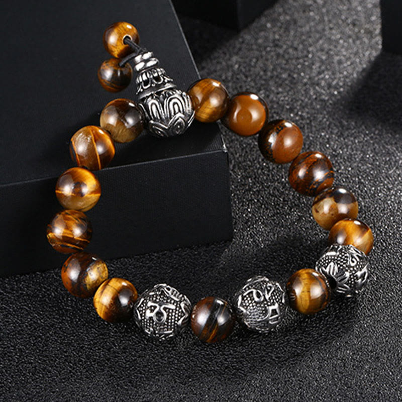 Buddha Stones Armband van natuurlijk tijgeroog, lavasteen, zwarte obsidiaan, titaniumstaal en de zes ware woorden Om Mani Padme Hum. - Tijgeroog (Polsomtrek: 17-21 cm) - image 0