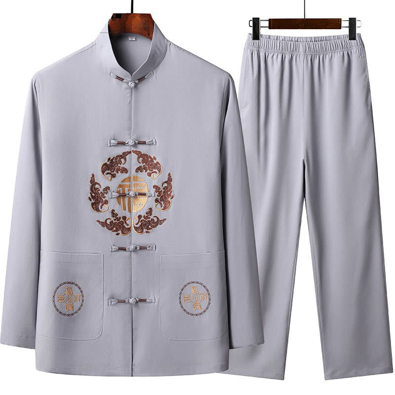 Buddha Stones Geborduurd Fu Tang-pak voor Chinees Nieuwjaar, Hanfu-top met Lange mouw en broek, herenset - Distel - US/UK/AU44, EU54 (4XL) - image 1