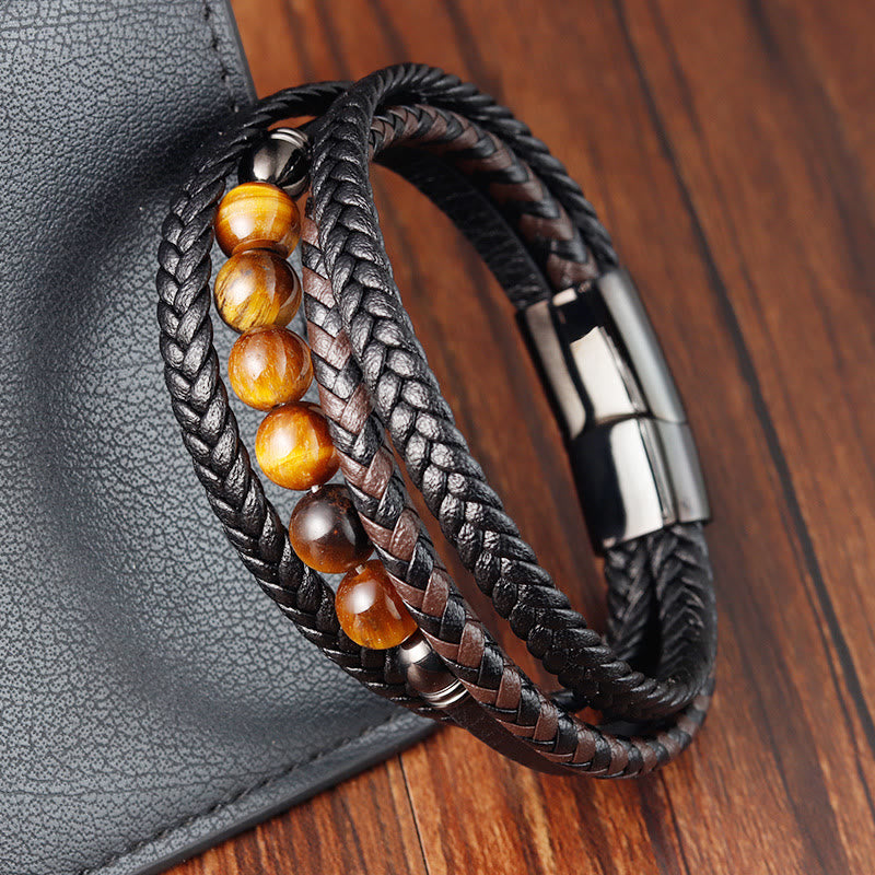 Buddha Stones Beschermende leren Armband met tijgeroogsteen - Tijgeroog (Polsomtrek: 18-20 cm) - image 0
