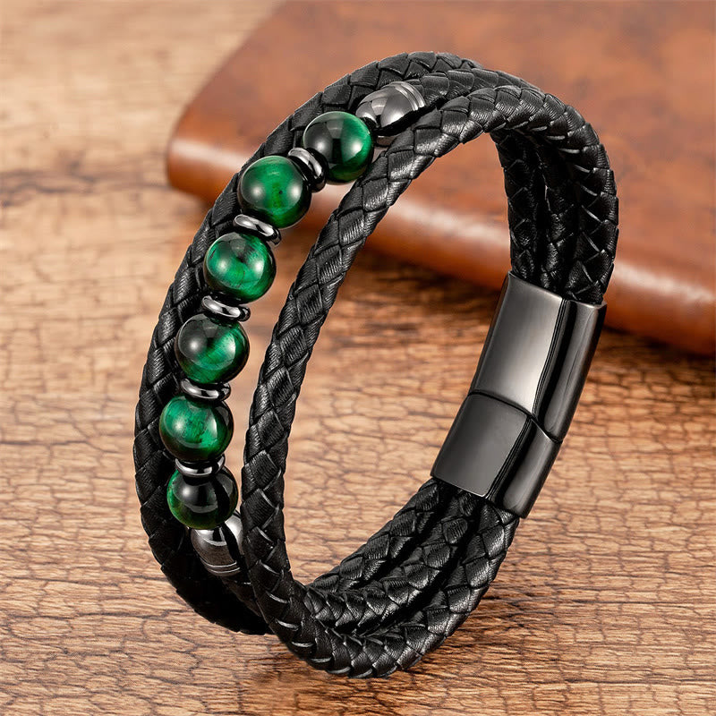 Buddha Stones Tijgeroog lavasteen hematiet zwarte onyx kralen positieve leren Armband - Groene tijgeroog - 18-22 cm - image 0