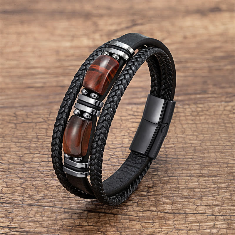 Buddha Stones Tijgeroogsteen Moed Wilskracht Meerlaagse Leren Armband - Bruinrode tijgeroog - 18-22 cm - image 4