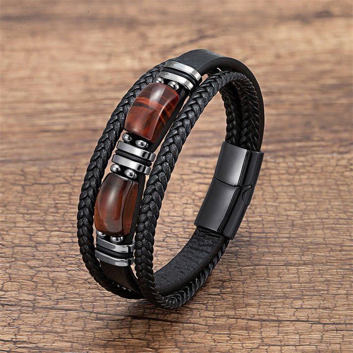 Buddha Stones Tijgeroogsteen Moed Wilskracht Meerlaagse Leren Armband - Bruinrode tijgeroog - 18-22 cm - image 4