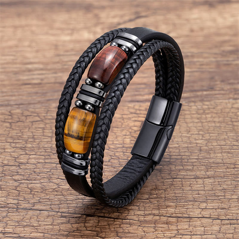 Buddha Stones Tijgeroogsteen Moed Wilskracht Meerlaagse Leren Armband - Geel-bruin-rood tijgeroog - 18-22 cm - image 7
