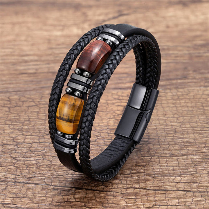 Buddha Stones Tijgeroogsteen Moed Wilskracht Meerlaagse Leren Armband - Geel-bruin-rood tijgeroog - 18-22 cm - image 7
