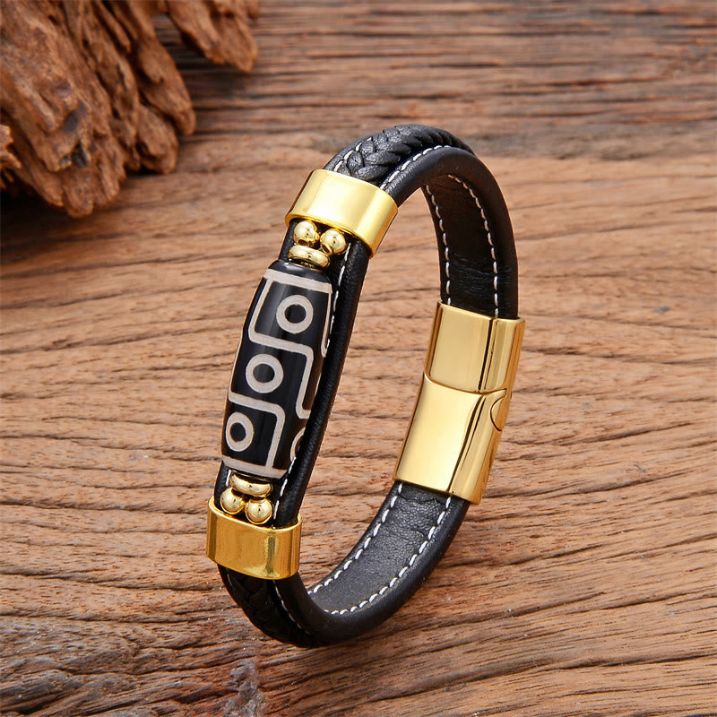 Buddha Stones Tibetaanse negenoog Dzi-kraal, leren Armband met gesp voor het symboliseren van rijkdom. - Goud - 18-22 cm - image 1